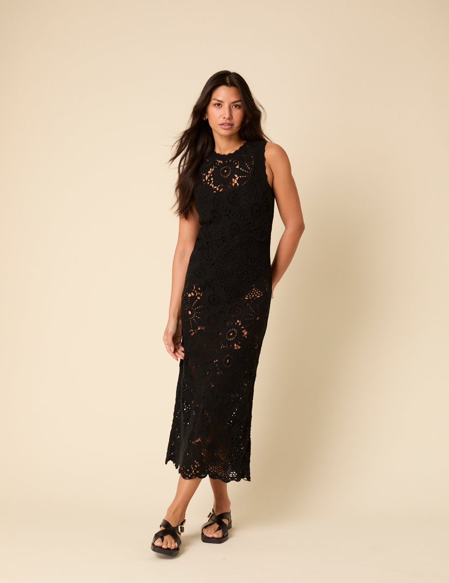 Secondary image of Poppy Delevingne Black Crochet Olympia Midi Dress